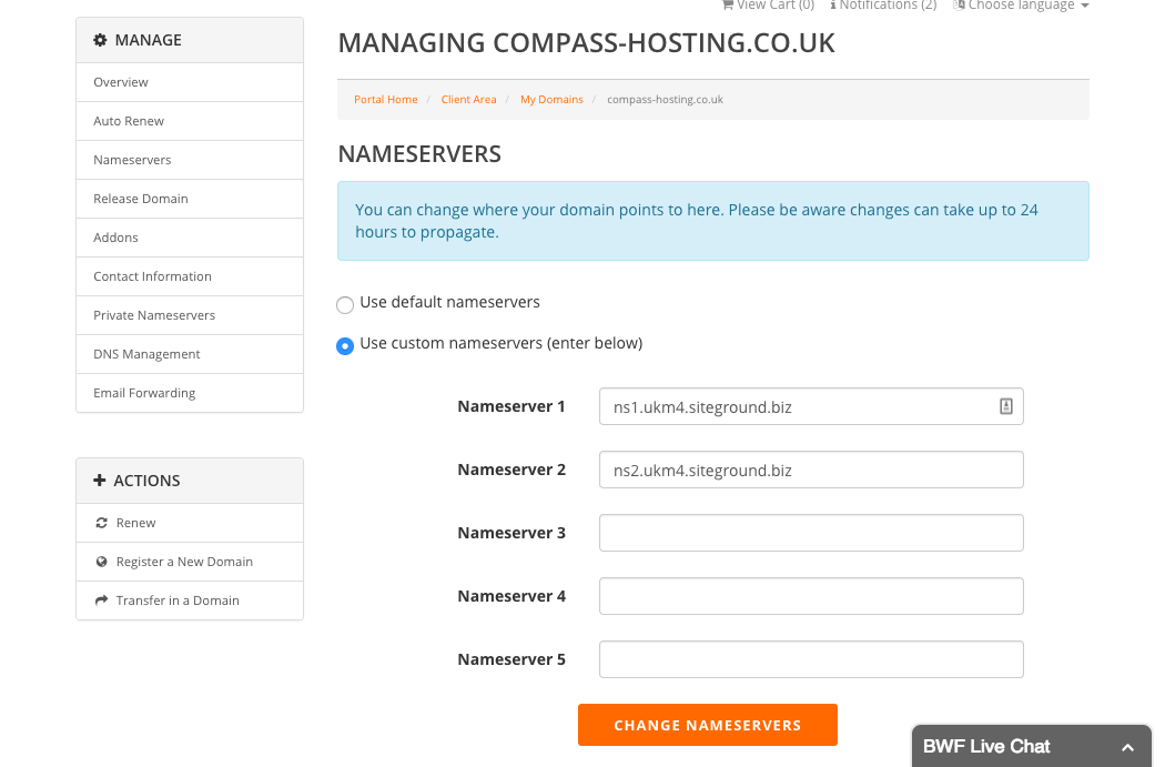 Big Wet Fish nameserver editing
