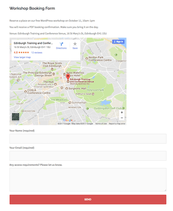 When submitted, this form sends a booking confirmation PDF for a workshop