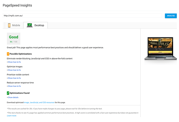 Pagespeed desktop score
