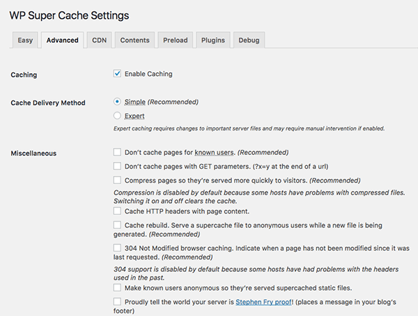 WP Super Cache advanced settings