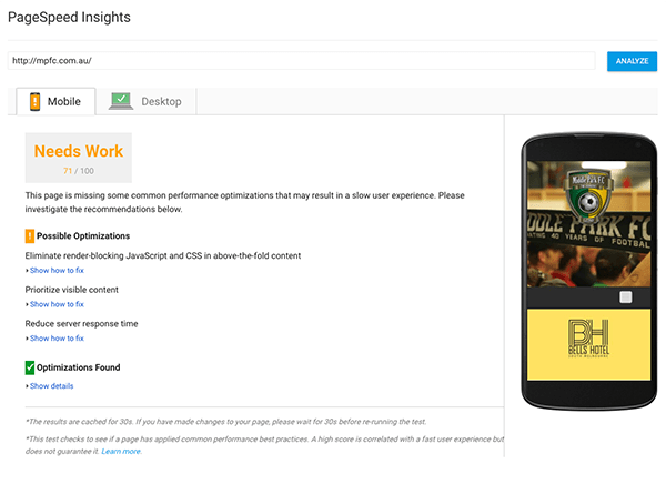 Pagespeed Insights mobile score