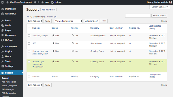 support tickets in admin screen