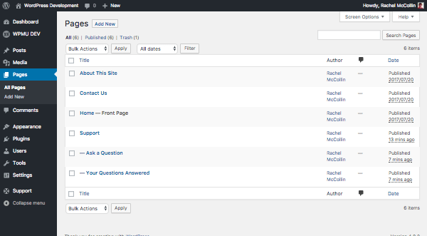 pages set up in the WordPress admin