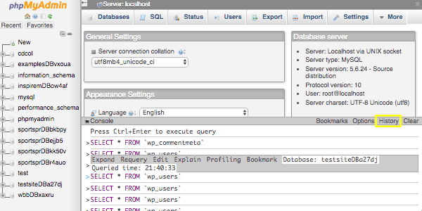 The phpMyAdmin history console