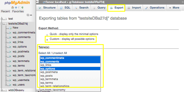 Export page of phpMyAdmin