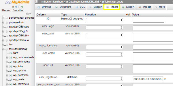 The phpMyAdmin Insert table page.