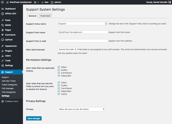 support system general settings page