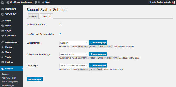 support system shortcodes in settings screen