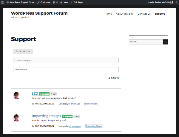 support tickets listed in the support page