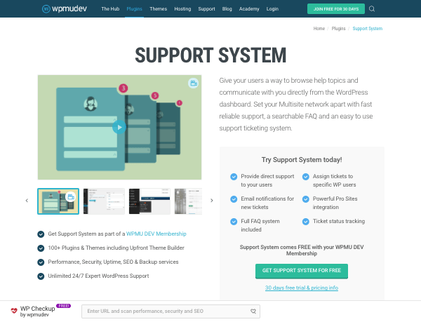 Support System plugin page on wpmu dev website