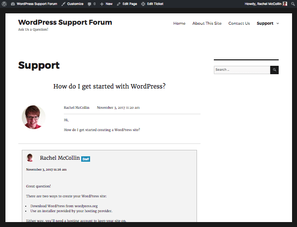 a support ticket in the front end site