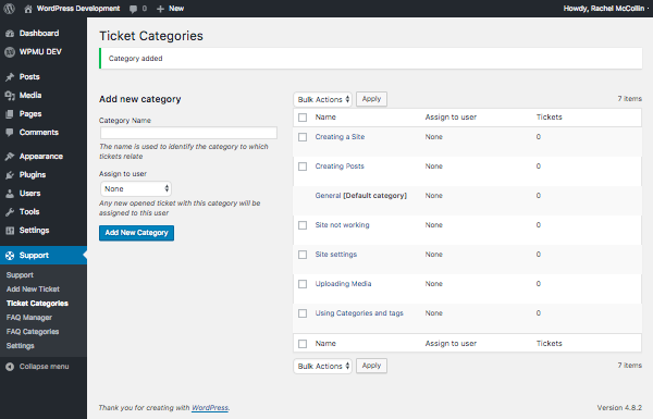 adding ticket categories with the support system plugin