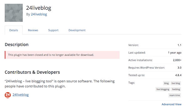 The 24Liveblog plugin pages shows it is closed to new installs