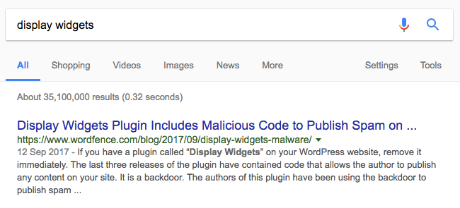 Google search results: Display Widgets Plugin Includes Malicious Code to Publish Spam