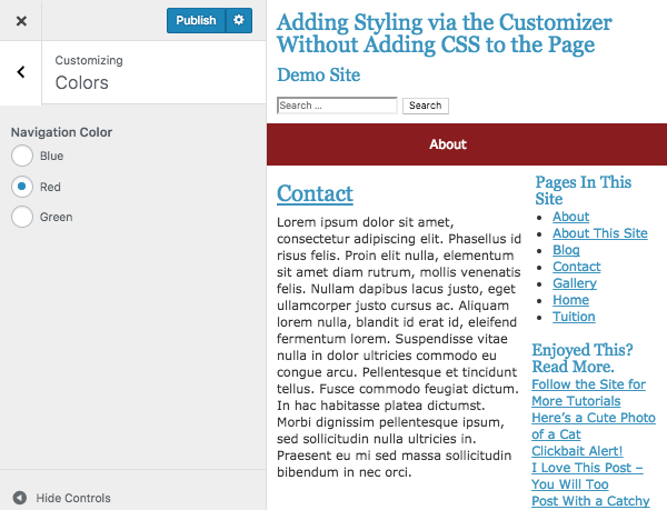 customizer with red menu