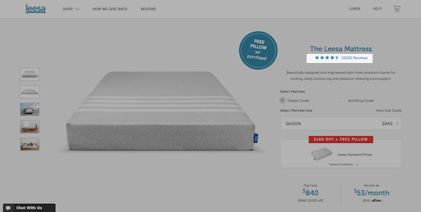 Leesa eCommerce Product Page