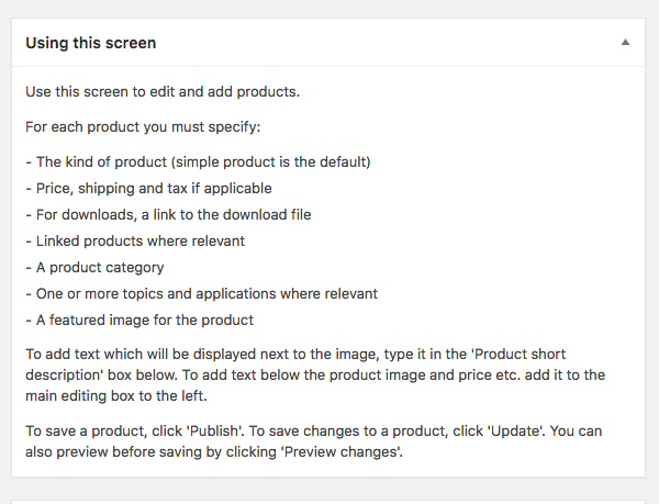 help meta box on product screen