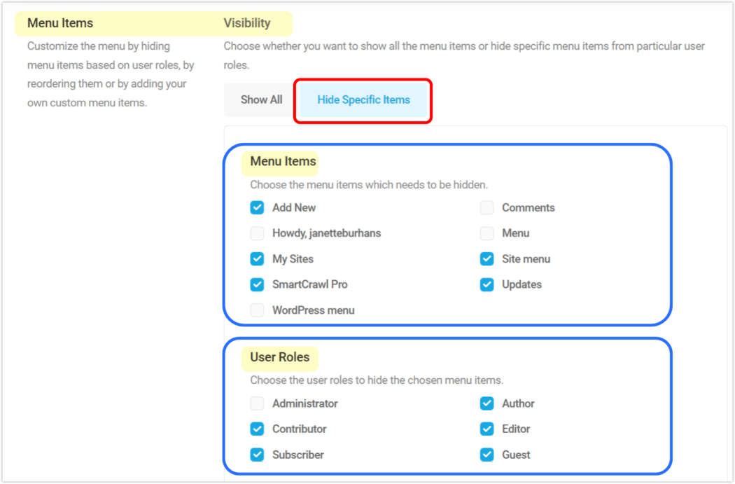 Admin bar menu items visibility & user roles