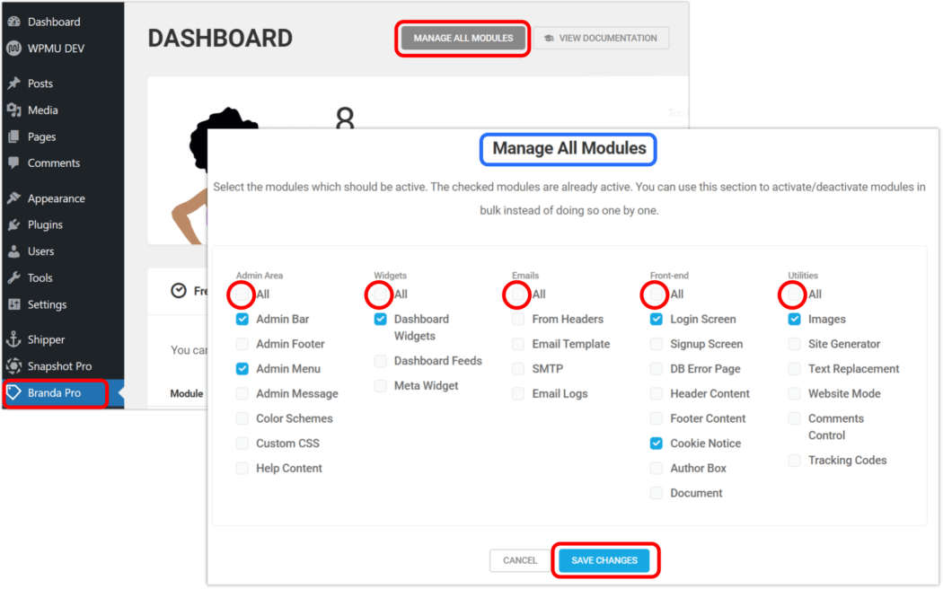 Branda dash manage modules select all