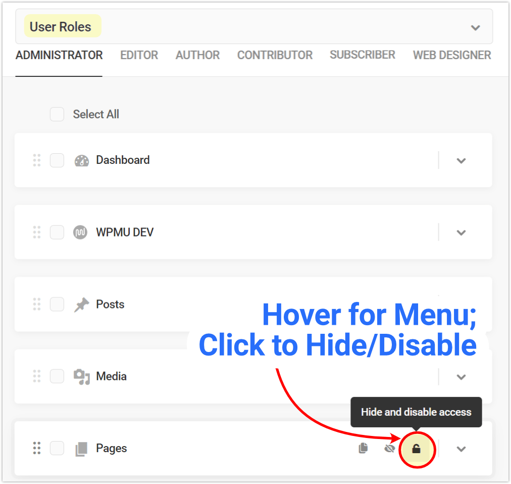 Branda User Roles, Hide/Disable access