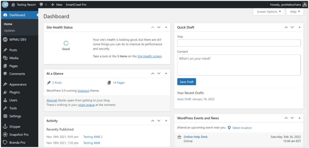 WordPress default dashboard