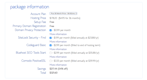 Upsell and Cross-sell - BlueHost Package Information