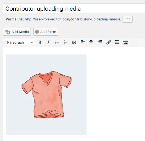 A Contributor who can upload files can use the Add Media button to add images