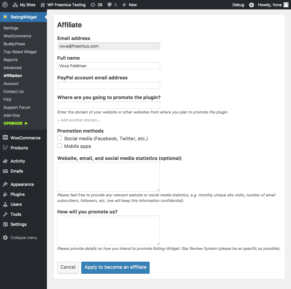 An example of an affiliate program application inside of a plugin.