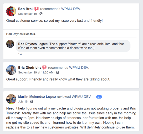 Screenshot of WPMU DEV reviews on Facebook