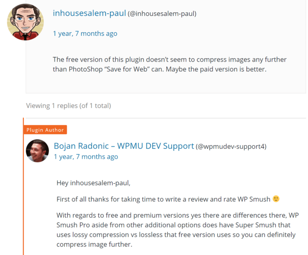 Screenshot of review response