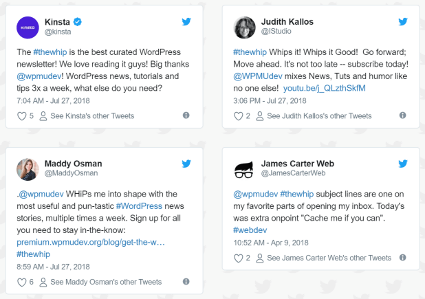 Screenshot of tweets about the WhiP newsletter
