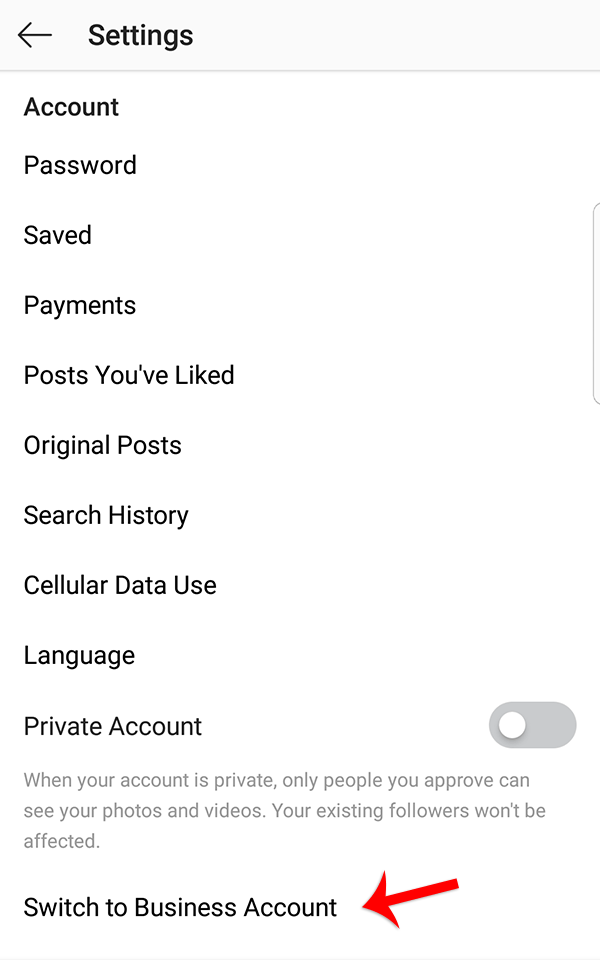 Screenshot of the process of converting personal Instagram to business account