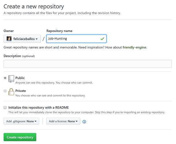 Screenshot creating a repository in GitHub