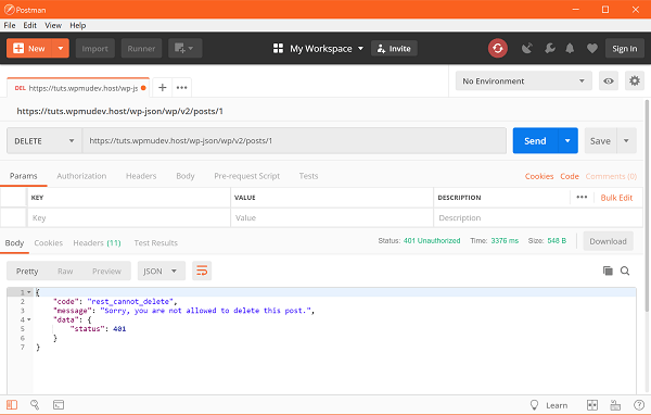 Screenshot of Postman error trying to delete post without authentication