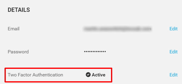 Hub account settings page - 2FA enabled.
