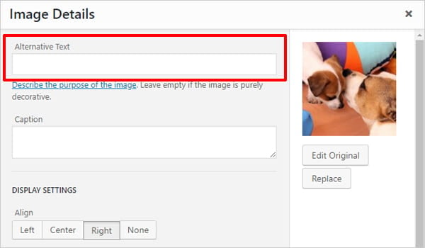 WordPress image editor: alternative text input field