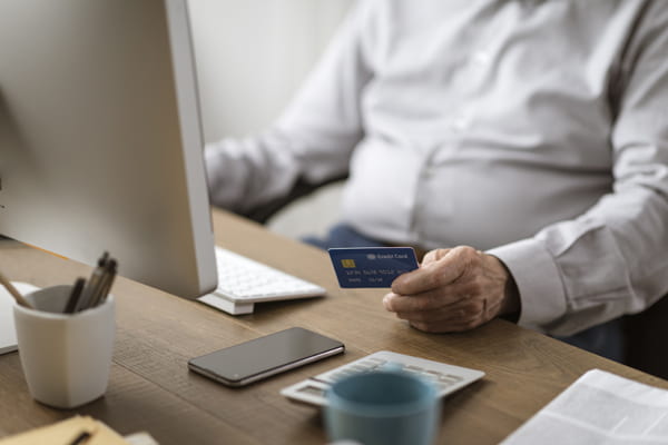 Senior man doing online shopping with a credit card