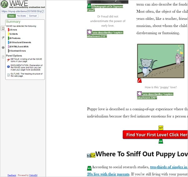 Results screen after running website URL through Wave evaluation tool.