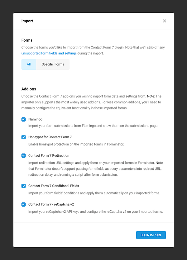 As well as forms you can also import some Contact Form 7 add ons
