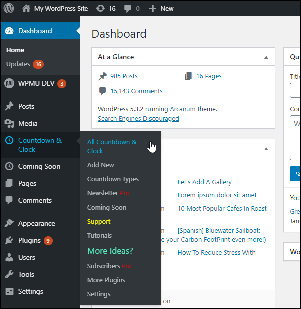 Countdown and Coming Soon in dashboard.