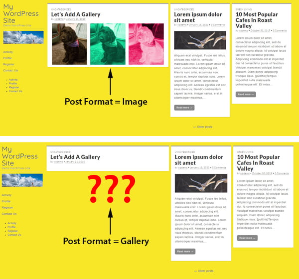 Screenshot of blog page displaying posts with different post formats.