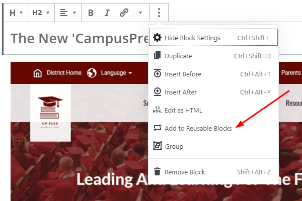 A screenshot of the Gutenberg 'reusable blocks' menu item