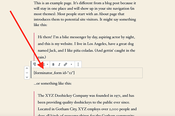 Forminator shortcode pasted.