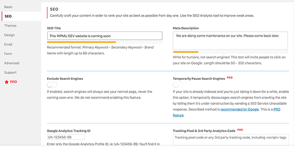 Minimal Coming Soon SEO options.
