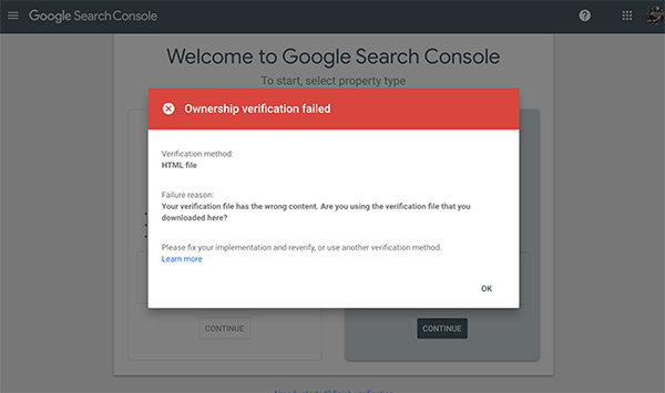 Not verified screen in Google Search Console.
