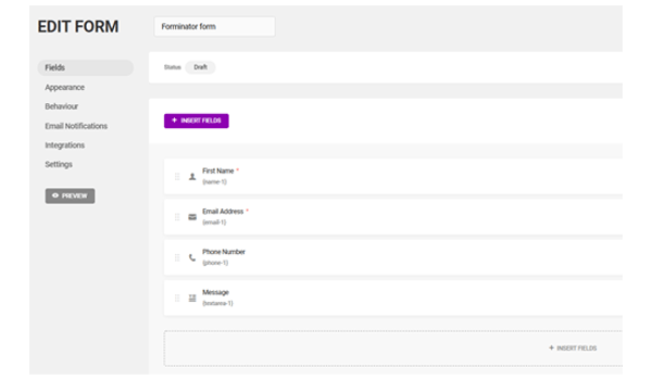Showing the form creation interface.