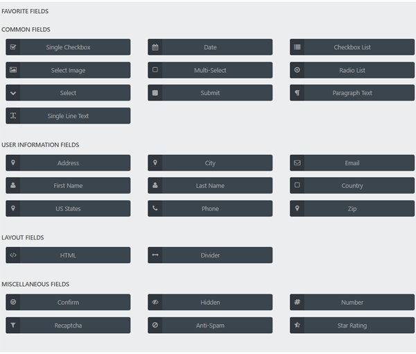 Showing the full selections of fields which are available.