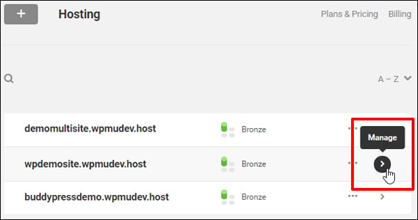 WPMU DEV Hosting Hub - Manage