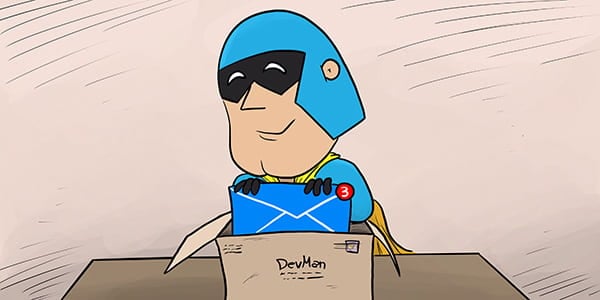 Dev Man with hosting and email DNS envelope.