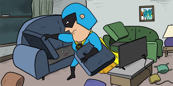 Dev Man looking under couch cushions.